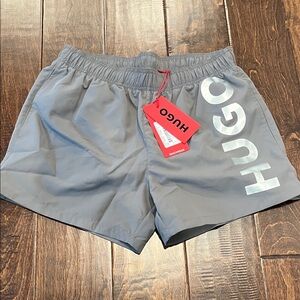 HUGO Grey and Silver Vertical Logo Swim Trunks
